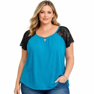 Torrid‎ 3 Blue Green keyhole  feminine Black Lace sleeve tee